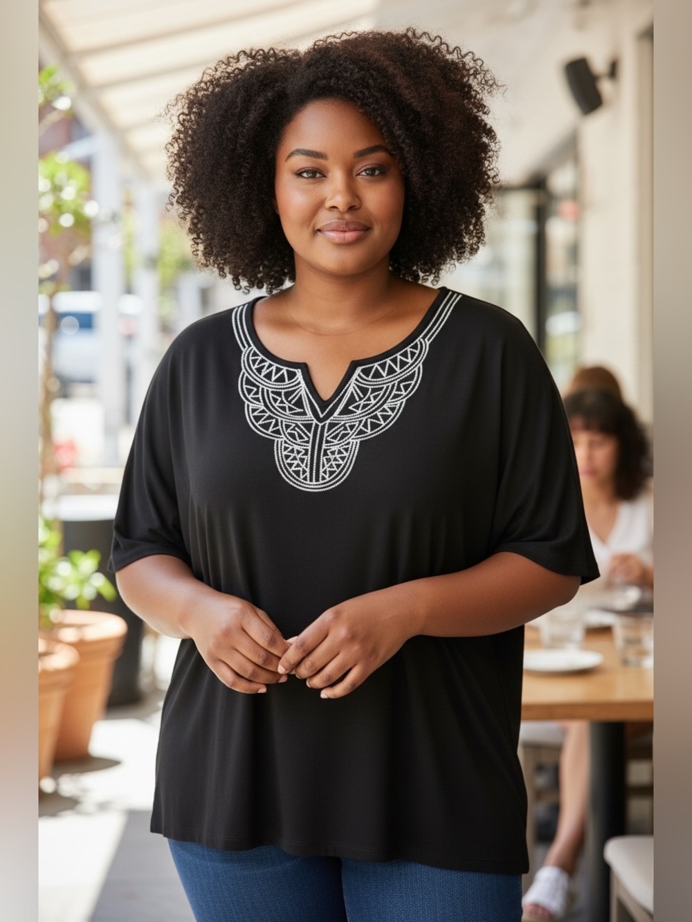 Liz & Me Black Knit Top with White Embroidered V-Neck